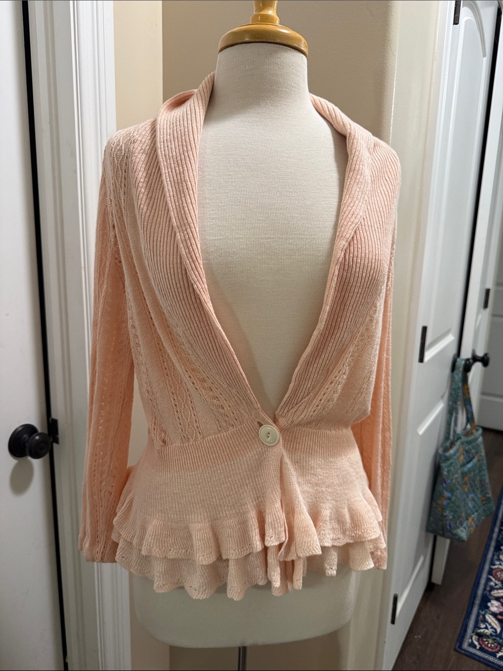 100% Linen Lauren Ralph Lauren Soft Peach Ruffle-Hem Knit Cardigan